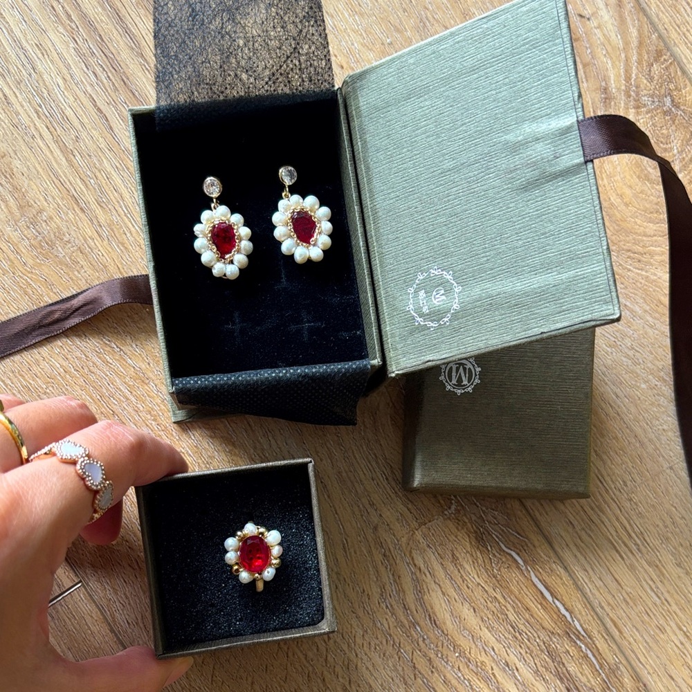 Gift for her ♥️Handmade Elegant Red Stone and Gold Pearl Earrings and Ring Set